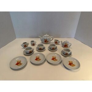 Porcelain Child's Tea Set, Vintage Battat Miniature Teddy Bear - 19 Pieces